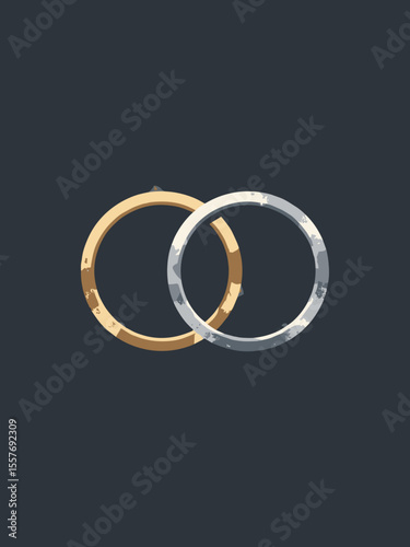 Minimalist wedding anniversary poster with two interlocking geometric rings, in metallic gold, silver, and a deep charcoal background
