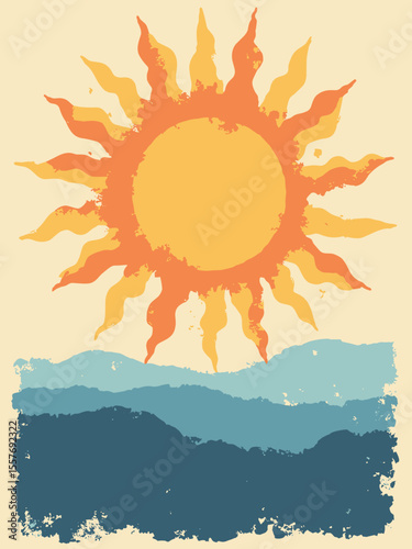 Abstract summer solstice poster with a large, stylized sun with geometric rays, in golden yellow, bright orange, sky blue, and white