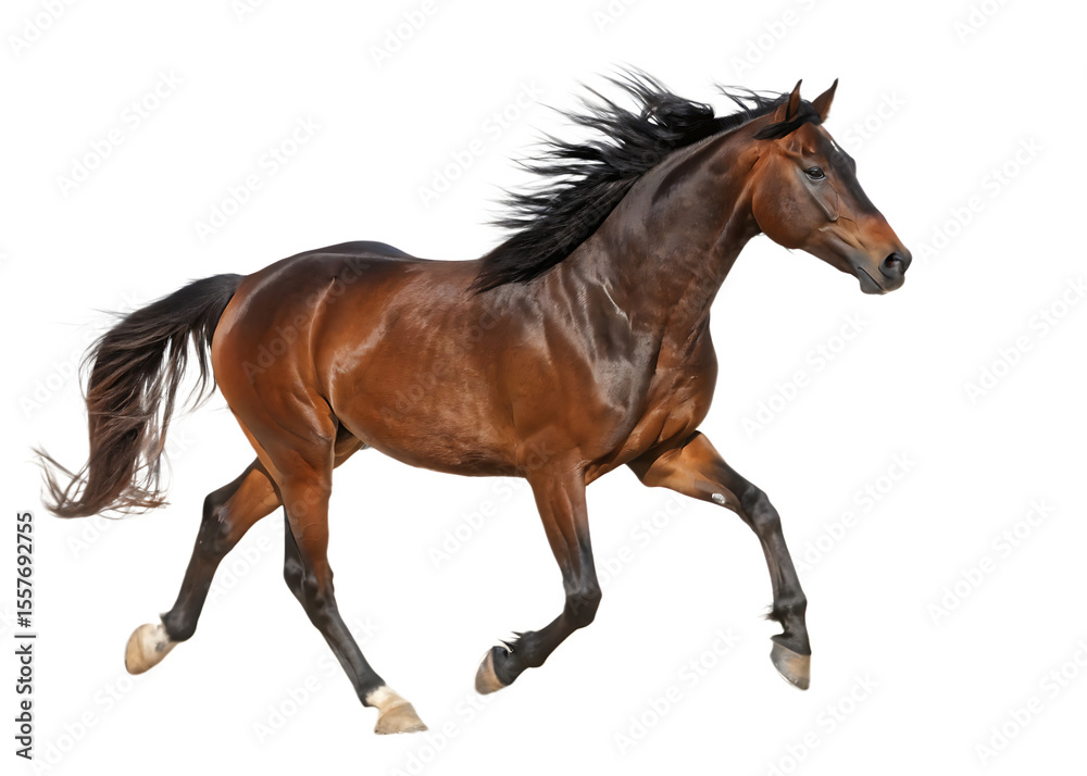 Obraz premium Muscular bay horse with flowing mane and tail trots gracefully A I isolated on a transparent background