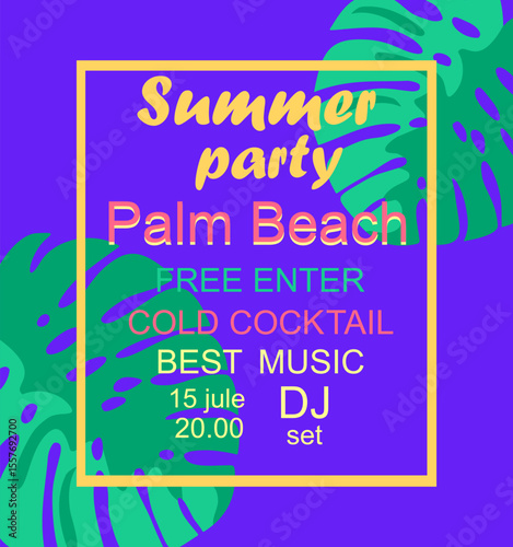 Neon blue poster for summer night beach party invitation with monstera leaves