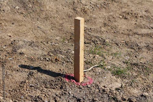 A wooden survey stake stands upright in dry earth, encircled by red marking powder, designating precise reference for construction alignment