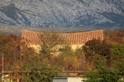 Traditional house with terracotta tiles peeks through dense autumn trees, set against dramatic rocky mountains, blending rustic architecture with seasonal landscape