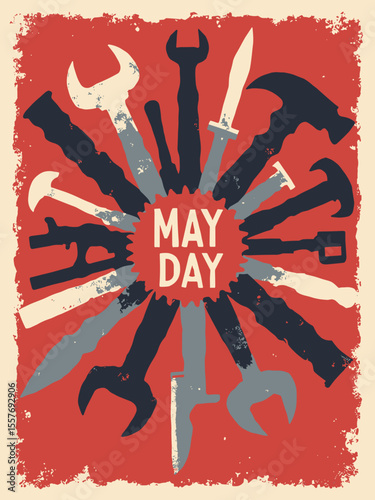 Clean vector poster for May Day (International Workers' Day) with stylized tools in a radial pattern, in revolutionary red, steel gray, black, and white