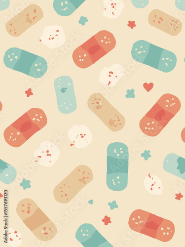 Flat vector design for a 'Get Well Soon' card, with a pattern of simple, friendly-faced bandages, in beige, soft red, teal, and cream
