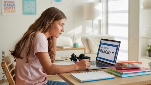 A teenager sitting at a tidy desk at home, attending an online class on a laptop. Books, a notebook, and a pencil case nearby. Soft lighting, posters on the wall, and headphones on. Modern digital lea