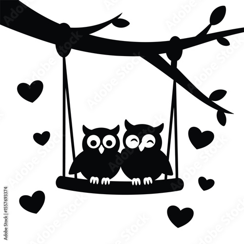 A charming silhouette of two owls sitting on a swing, surrounded by hearts and a branch. This delightful design captures a sense of love and companionship, making it perfect for romantic themes.