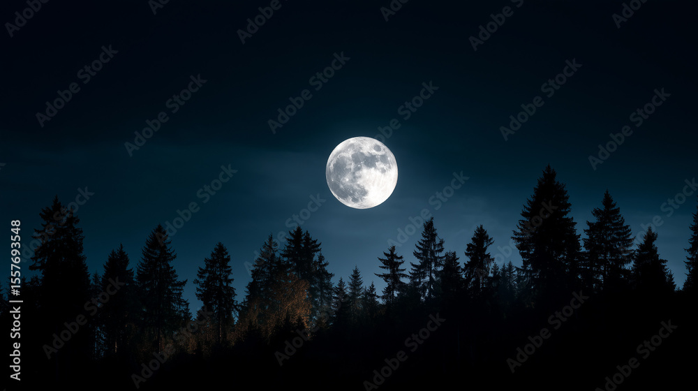 Fototapeta premium Full moon above forest at night.