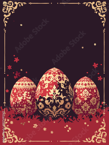 Clean vector poster for Orthodox Easter, featuring intricately patterned red eggs, in deep red, gold, black, and ivory