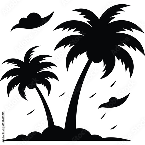 Vector art of silhouette of two palm trees with clouds isolated on white background
