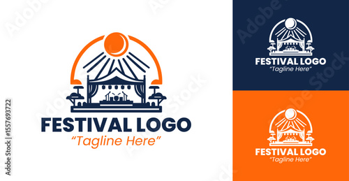 Creative and Stylish Festival Logos with Outdoor Stage and Iconic Sun Elements
