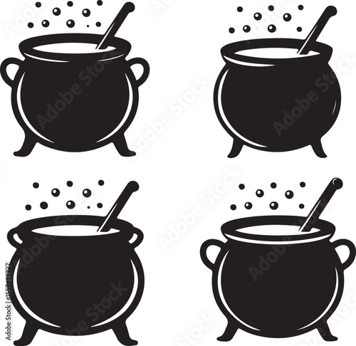 Set of black silhouettes of Halloween witch cauldrons, witches black cauldron with boiling magic potion isolated on white background