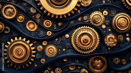 Intricate steampunk design featuring a detailed arrangement of golden gears and mechanical components against a textured dark blue backdrop.