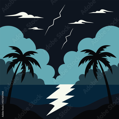 Vector art of stormy night landscape with lightning over the sea and palm trees