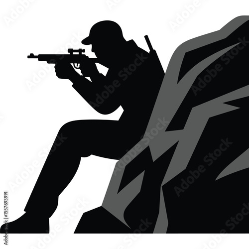 Silhouette of a Sniper in a Tactical Position, Concealed Behind Rocks