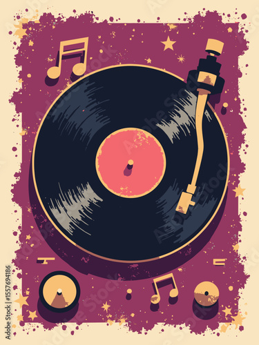 Retro New Year's Eve poster with a stylized vinyl record and musical notes, in black, gold, cream, and a splash of magenta