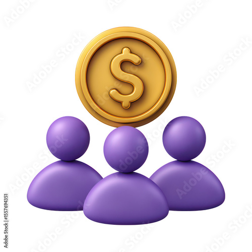 Three purple figures beneath a golden dollar coin isolated on transparent background