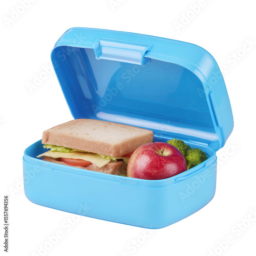 Blue plastic school lunch box with a sandwich, apple, and vegetables isolated on a white background, png, transparent