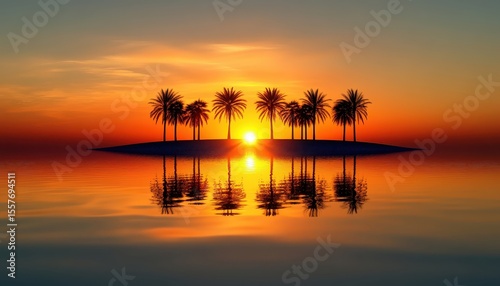 Serene Sunset with Palm Trees Reflected on Calm Water