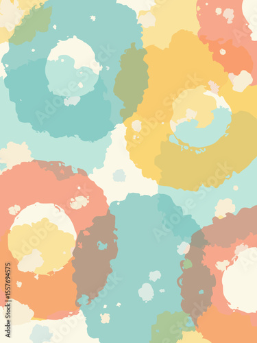 Abstract summer poster with a pattern of overlapping, translucent pool float shapes, in aqua, coral, bright yellow, and white