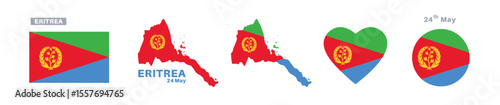 eritrea flag and map set. eritrea flag in official colors and proportions. independence day 24 may, map, circle and heart shaped eritrea 