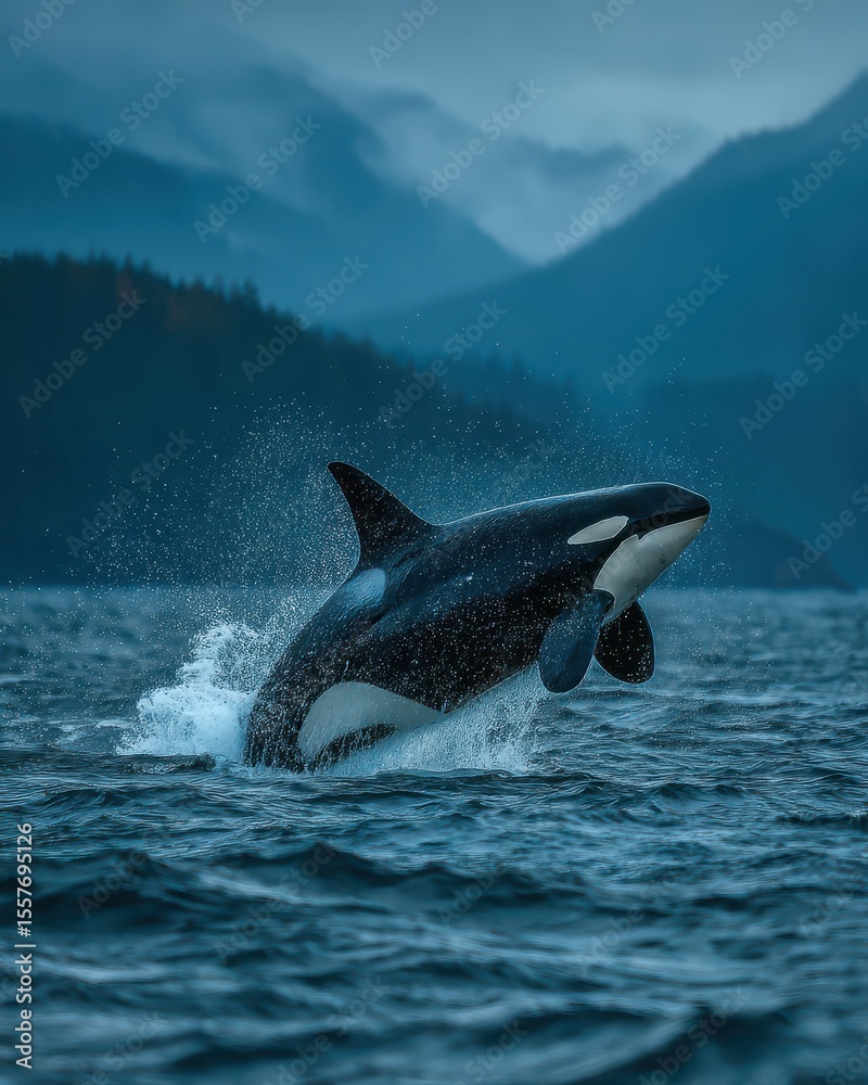 Fototapeta premium Killer whale breaching the water with mountain backdrop at dusk
