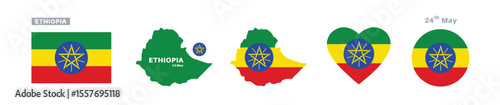 ethiopia flag and map set. ethiopia flag in official colors and proportions. independence day 24 may, map, circle and heart shaped ethiopia 