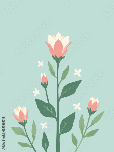 Minimalist spring equinox poster with simple budding flower icons and leaves, in fresh green, blossom pink, sky blue, and white