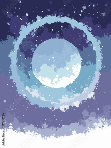 Abstract winter solstice poster with concentric circles and cool-toned gradients, in ice blue, silver, deep purple, and white