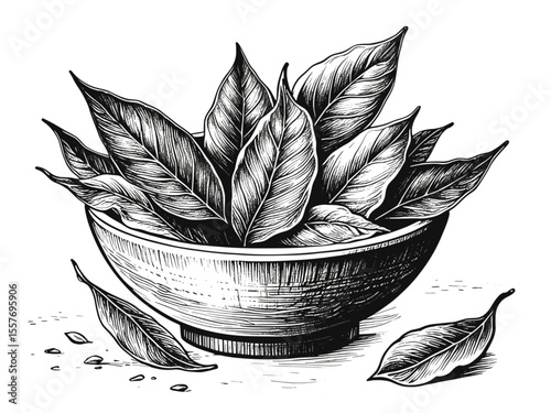 Nature’s Flavor bowl filled with dried bay leaves  vintage linework ink sketch hand drawn pen drawing cooking herbs vector illustration background