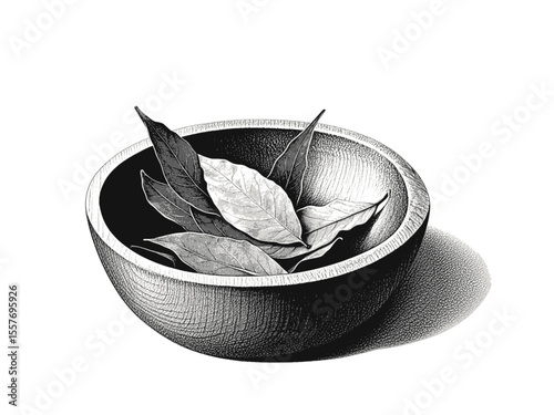Wooden bowl filled with dried bay leaves  vintage linework ink sketch hand drawn pen drawing cooking herbs vector illustration background
