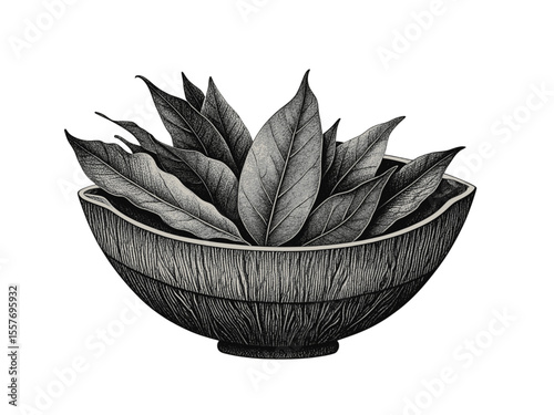 A Tribute to bowl filled with dried bay leaves  vintage linework ink sketch hand drawn pen drawing cooking herbs vector illustration background