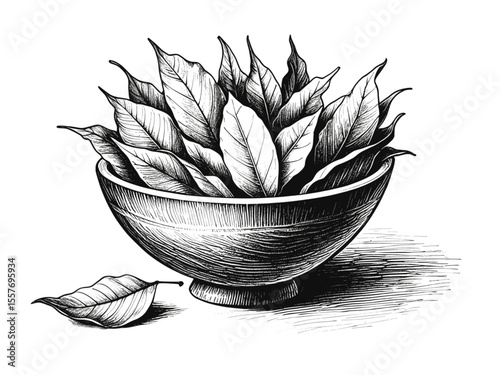 Delicate bowl filled with dried bay leaves  vintage linework ink sketch hand drawn pen drawing cooking herbs vector illustration background