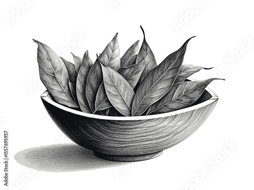Minimalist Herbs bowl filled with dried bay leaves  vintage linework ink sketch hand drawn pen drawing cooking herbs vector illustration background