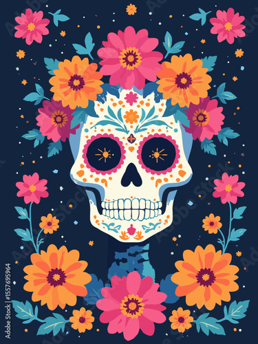 Modern Dia de los Muertos poster with stylized sugar skulls (calaveras) and marigolds, in hot pink, electric blue, orange, and black