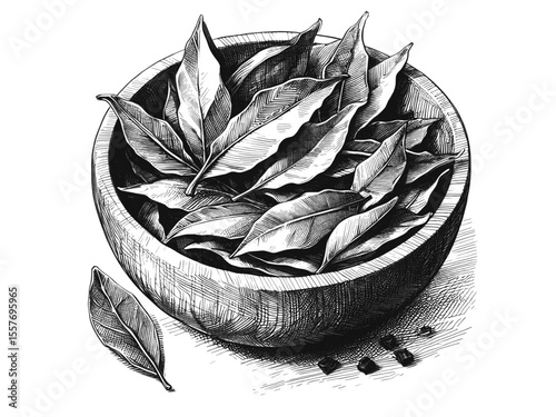 From Kitchen to Canvas bowl filled with dried bay leaves  vintage linework ink sketch hand drawn pen drawing cooking herbs vector illustration background