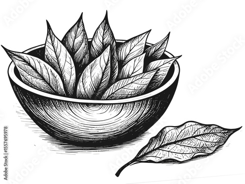 Bowl filled with dried bay leaves  vintage linework ink sketch hand drawn pen drawing cooking herbs vector illustration background