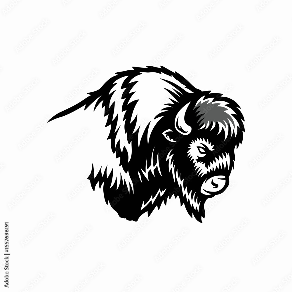 Obraz premium American bison head illustration, bison profile view, powerful animal portrait, majestic creature design, perfect for Independence Day themed projects.