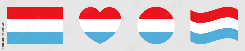 Luxembourg flags set in square, heart, circle and waving formats designs element. Luxembourg flags collection. Set of Luxembourg flags icons isolated on gray background. Vector illustration. Luxembourg flags set in square, heart, circle and waving formats designs element. Luxembourg flags collection. Set of Luxembourg flags icons isolated on gray background. Vector illustration.