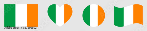 Ireland flags set in square, heart, circle and waving formats designs element. Ireland flags collection. Set of Ireland flags icons isolated on gray background. Vector illustration.
