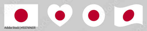 Japanese flags set in square, heart, circle and waving formats designs element. Japan flags collection. Set of Japan flags icons isolated on gray background. Vector illustration.