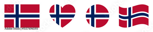 Norway flags set in square, heart, circle and waving formats designs element. Norway flags collection. Set of Norway flags icons isolated on white background. Vector illustration.