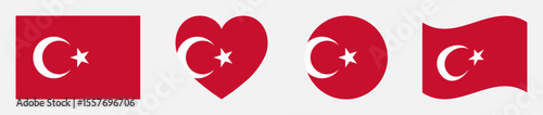Türkiye flags set in square, heart, circle and waving formats designs element. Türkiye flags collection. Set of Türkiye flags icons isolated on white background. Vector illustration.