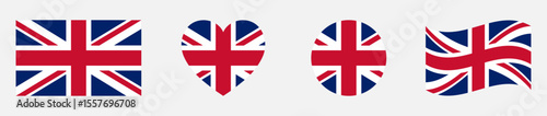 United Kingdom flags set in square, heart, circle and waving formats. United Kingdom flags collection. Set of United Kingdom flags icons isolated on gray background. Vector illustration.