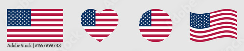 United States American flags set in square, heart, circle and waving formats designs element. American flags collection. Set of USA flags icons isolated on gray background. Vector illustration.