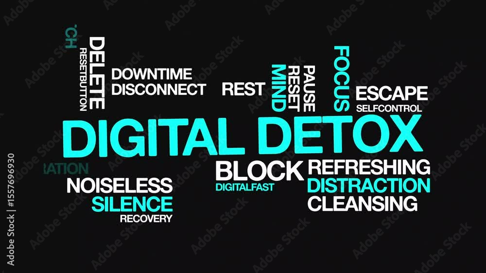 digital detox Animated Tag Word Cloud kinetic typography concept, Text Design Animation typography seamless loop video motion graphics Intro 4k, Word Art Looping Text effects lettering 