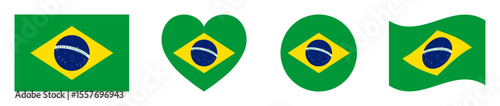 Brazil flags set in square, heart, circle and waving formats designs element. Brazil flags collection. Set of Brazilian flags icons isolated on white background. Vector illustration.