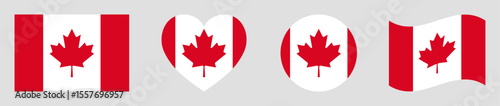 Canada flags set in square, heart, circle and waving formats designs element. Canada flags collection. Set of Canadian flags icons isolated on gray background. Vector illustration.