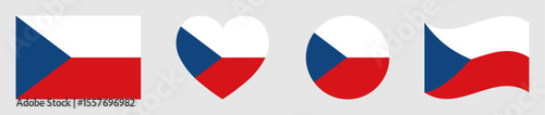 Czech Republic flags set in square, heart, circle and waving formats designs element. Czech Republic flags collection. Set of Czech flags icons isolated on gray background. Vector illustration.