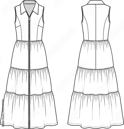 Sleeveless tiered dress front and back cad drawing, flat fashion vector, collared zip midi dress technical sketch template