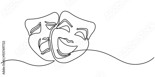 Greek mask one line drawing, opera event symbols continuous hand drawn, mask one line vector isolated design element, isolated on white background, Theater Sign Line Icon Editable .